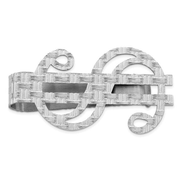 Rhodium Plated Sterling Silver Basketweave Dollar Sign Money Clip
